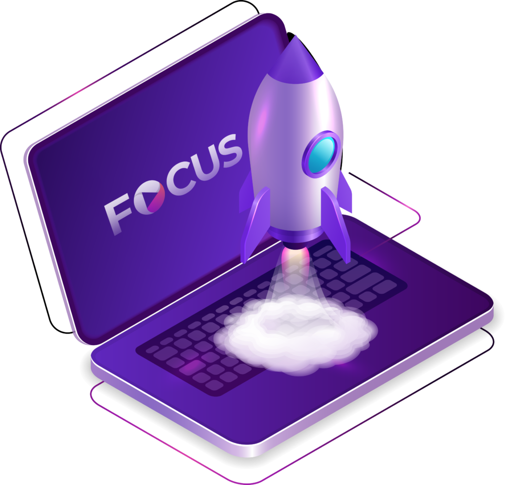 Laptop van Focus Marketing met een raket, blog, gratis advies, home, bedrijfsvideo, webdesign, bedrijfsfotografie, grafisch ontwerp, bedrijfspromotie contact, bedrijfsanimatievideo
