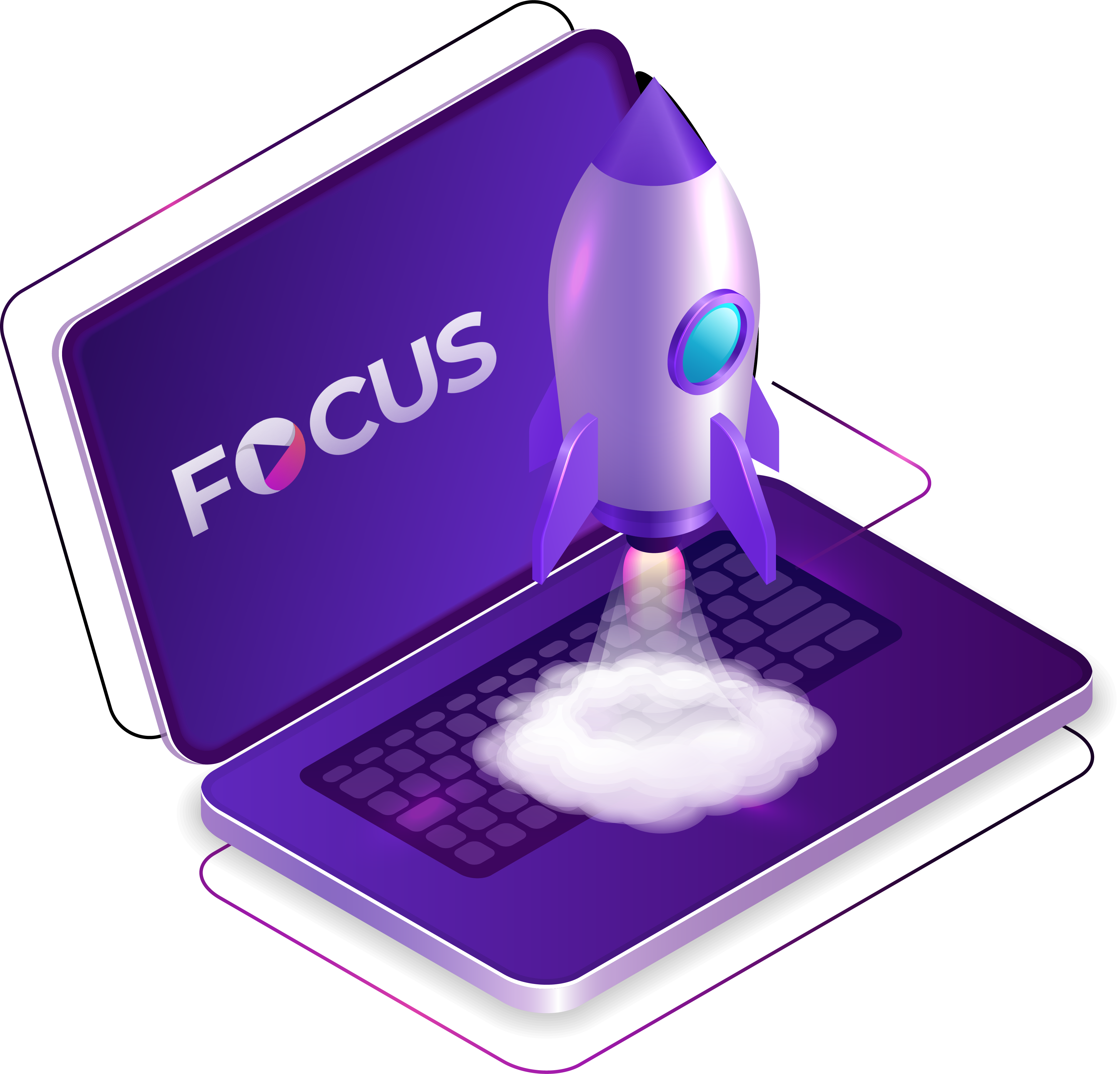 Laptop van Focus Marketing met een raket, blog, gratis advies, home, bedrijfsvideo, webdesign, bedrijfsfotografie, grafisch ontwerp, bedrijfspromotie contact