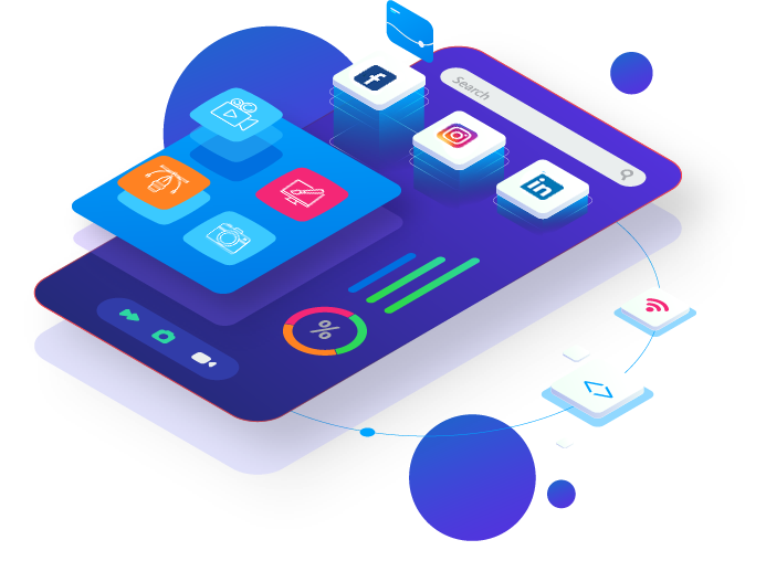 Een smartphone met social media iconen, Laptop van Focus Marketing met een raket, blog, gratis advies, home, bedrijfsvideo, webdesign, bedrijfsfotografie, grafisch ontwerp, bedrijfspromotie contact